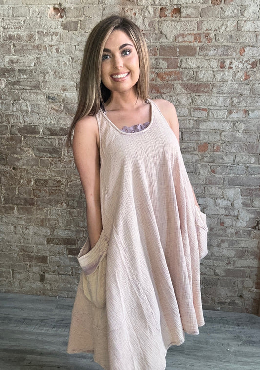 Mineral Washed Sleeveless Oversized Gauze Dress  ~  Taupe/Lavender