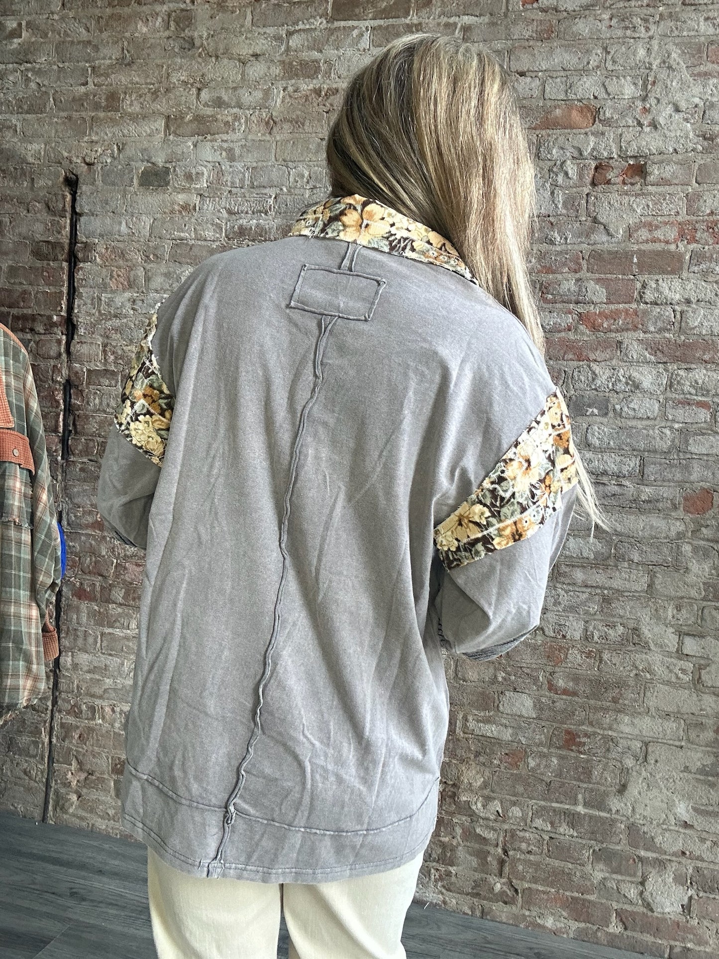 Gray and Floral  Accent 2 Button Knit