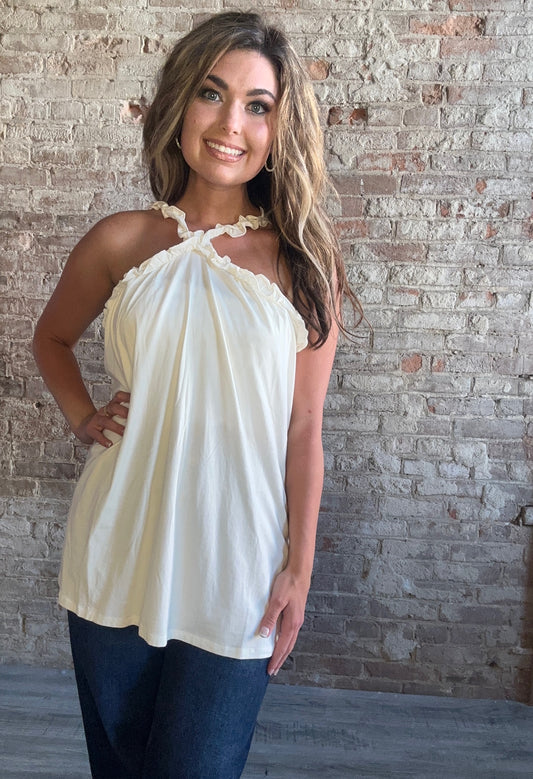 Halter Ruffle Trim Top ~ White