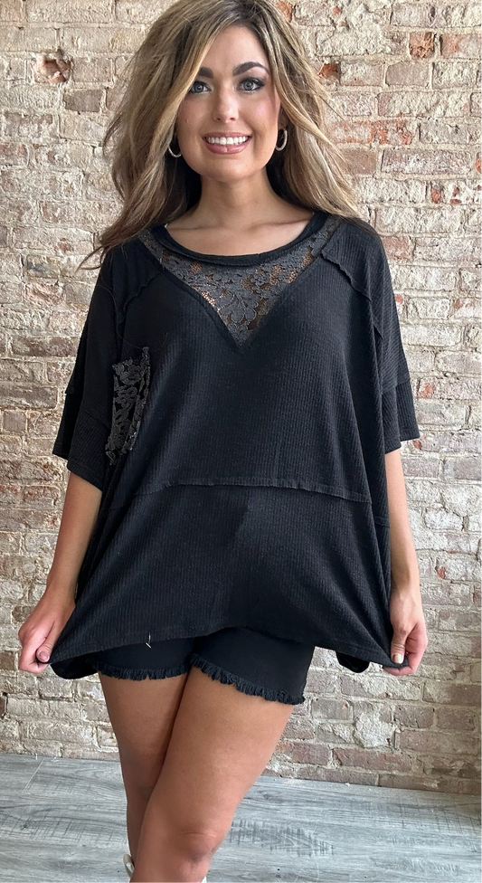 Short Sleeved Black Mixed Textured Shirt with Lace