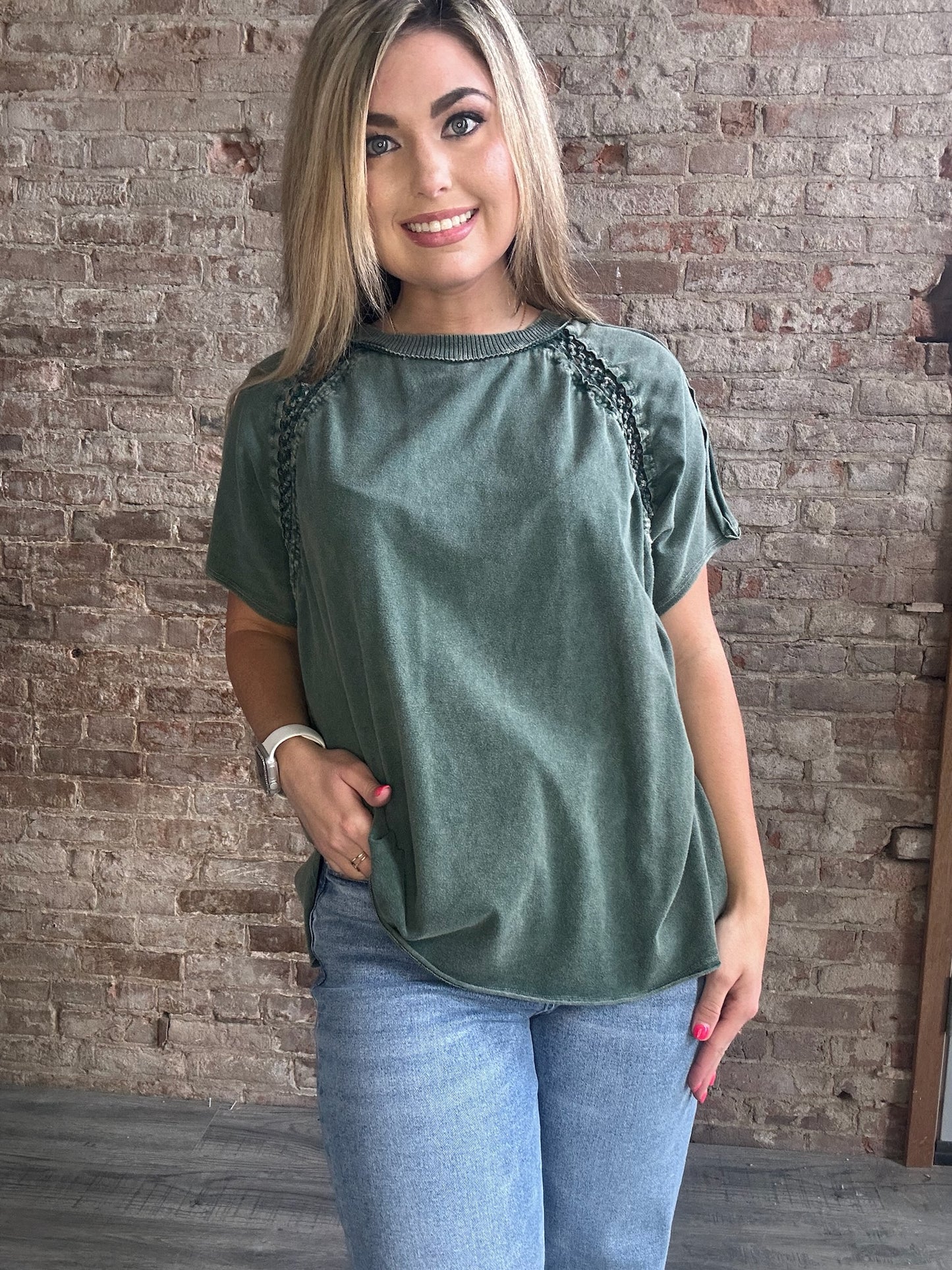 Mineral Washed Floral Trim Top  ~ Olive