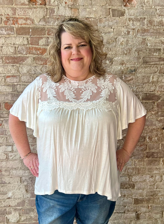 Curvy Lace Embroidery Neck Trim Top ~ White