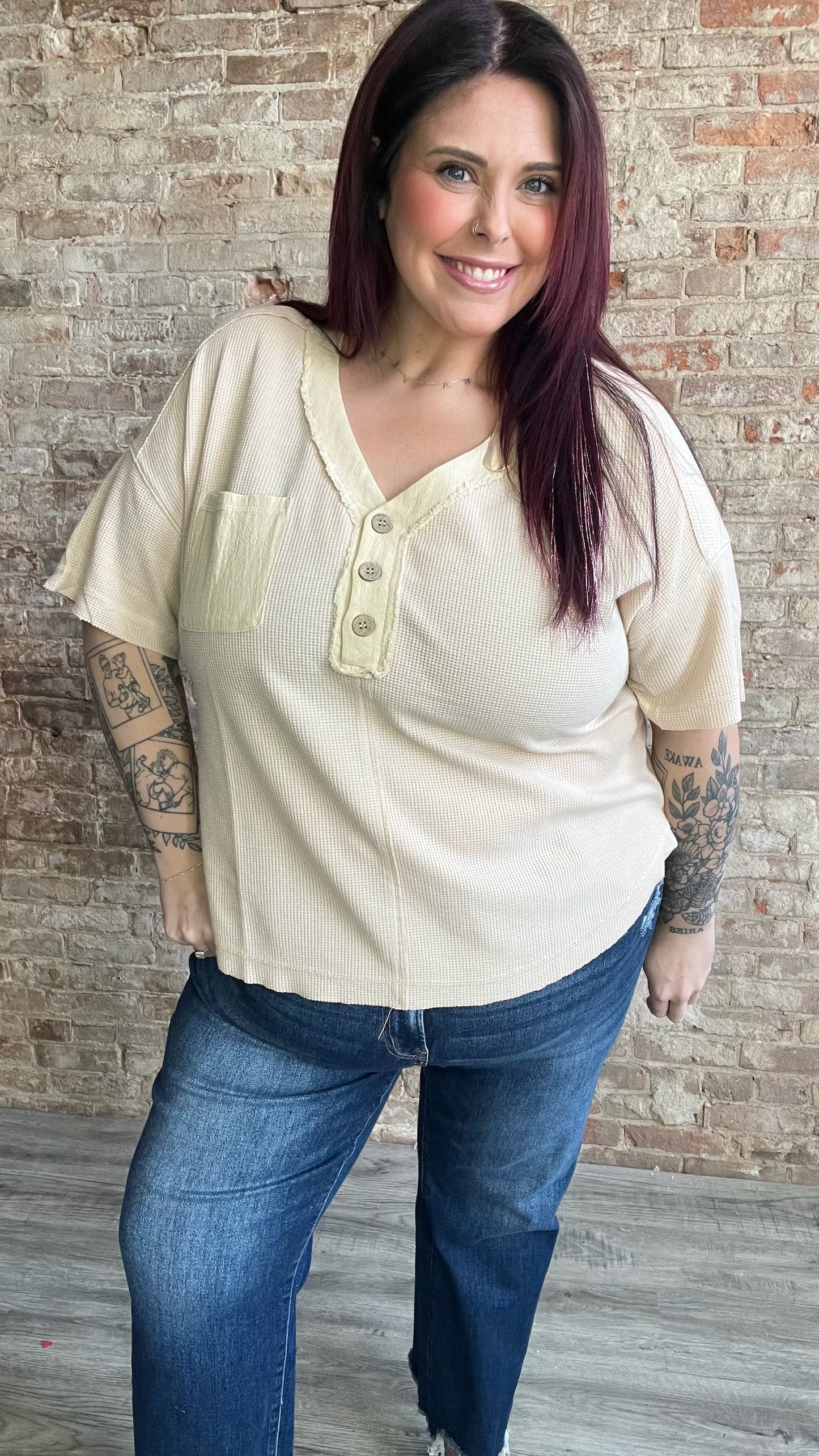 Curvy Waffle Knit Short Sleeved 3 Button Top ~ Cream