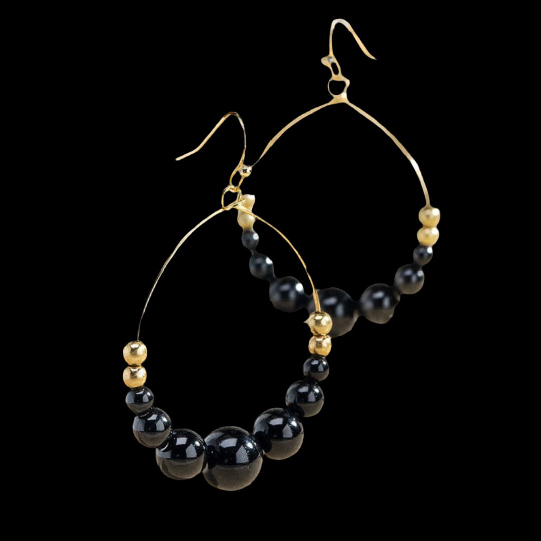 Natural Stone Beaded Dangle Drop Earrings ~ Black