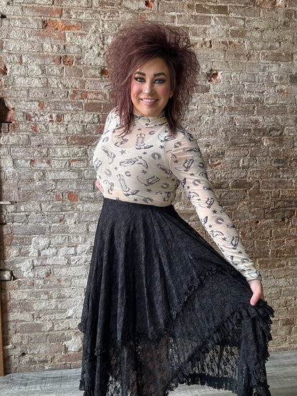 Sweet Lace Tier Midi Skirt ~ Black