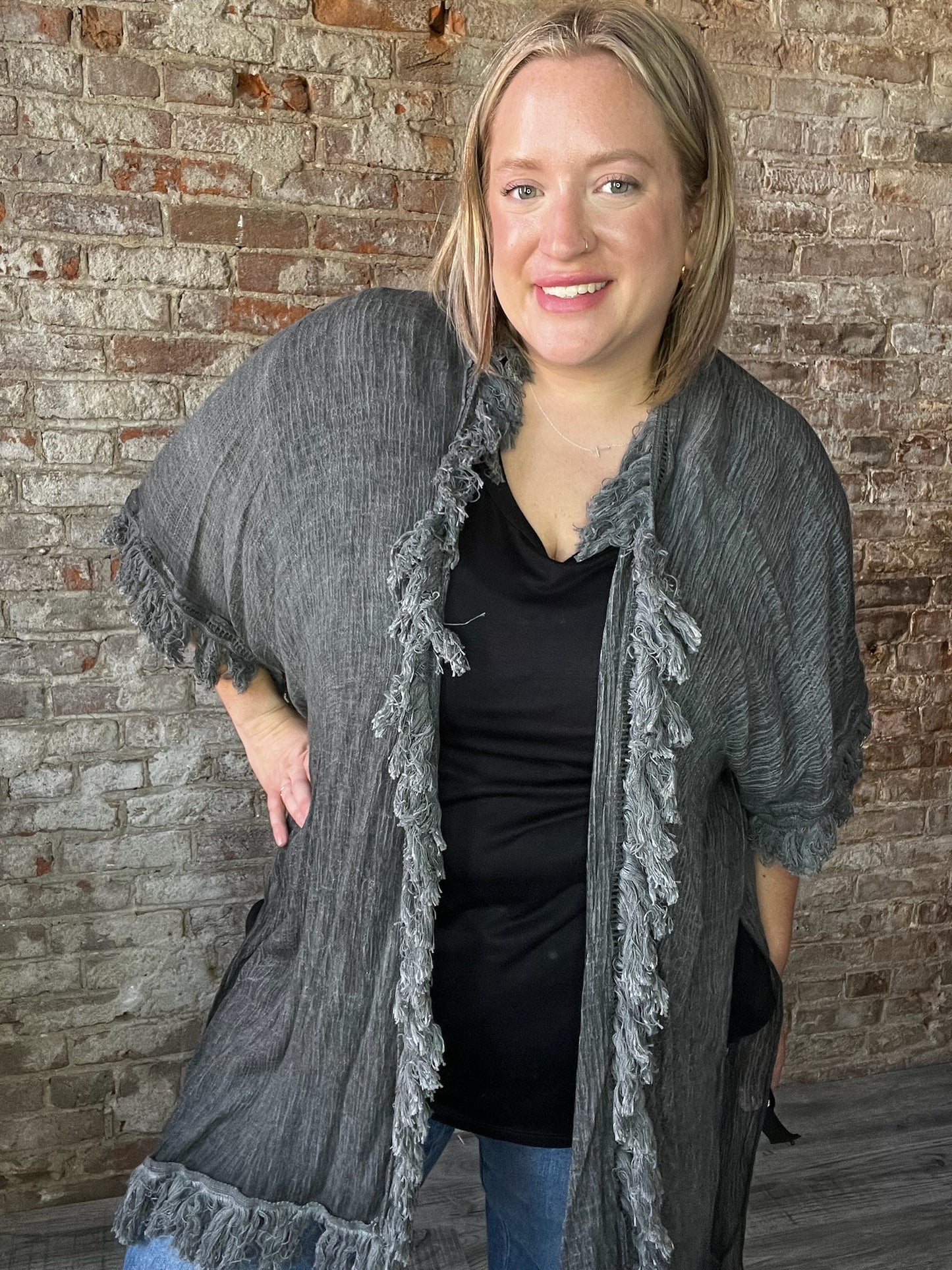 Sunbleached Fringe Ruffle Kimono ~ Charcoal