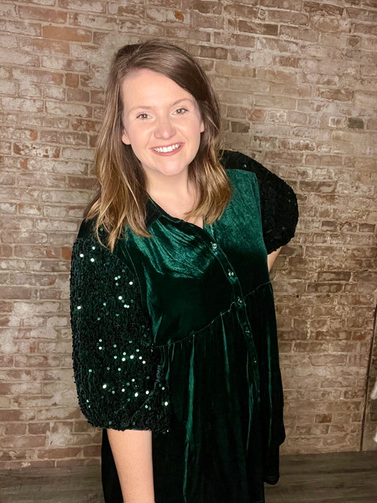 Curvy Velvet Sequined Tunic ~ Hunter Green