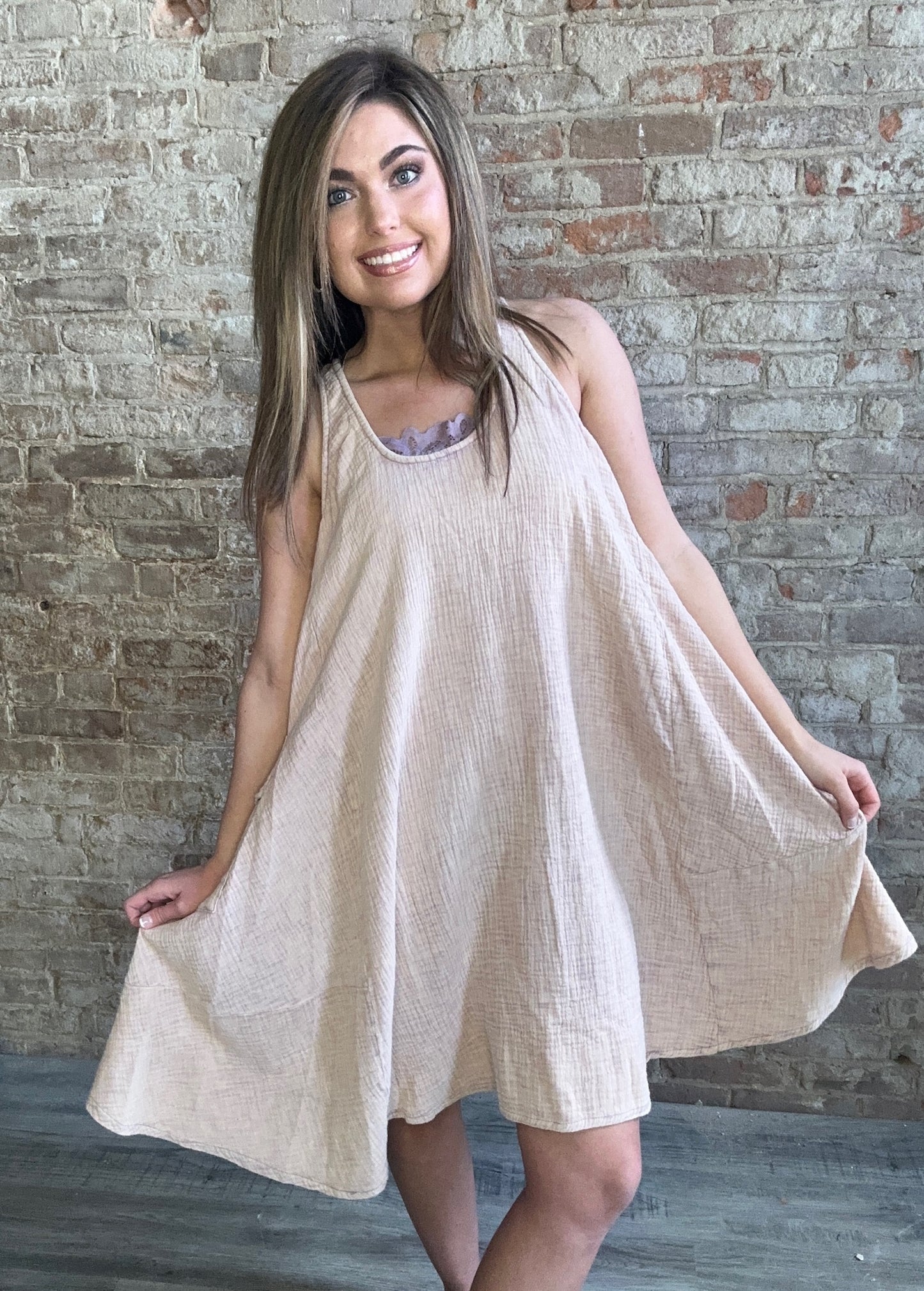 Mineral Washed Sleeveless Oversized Gauze Dress  ~  Taupe/Lavender