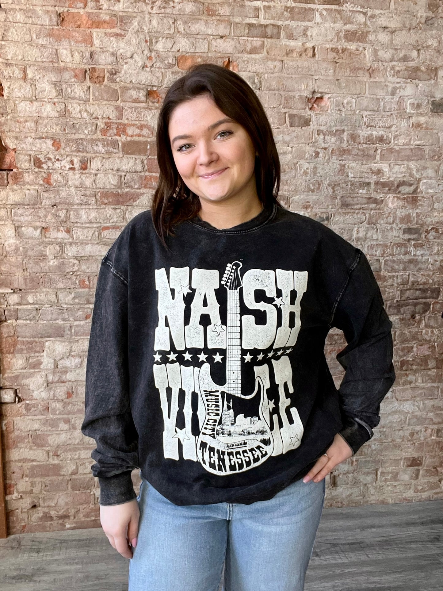Nashville Mineral Washed Guitar Sweatshirt ~ Black