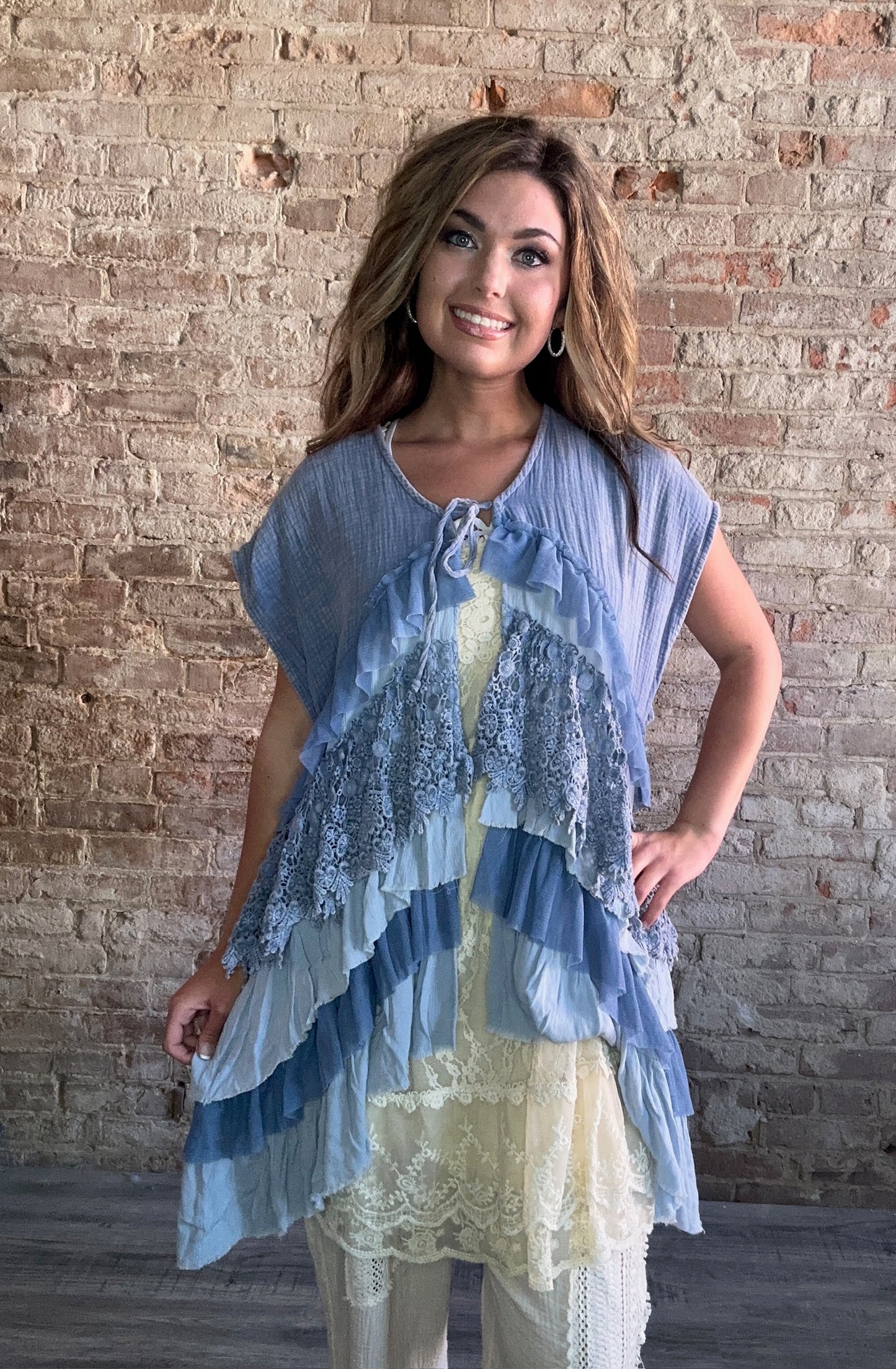 Mineral Washed Tiered Ruffle Vest ~ Blue