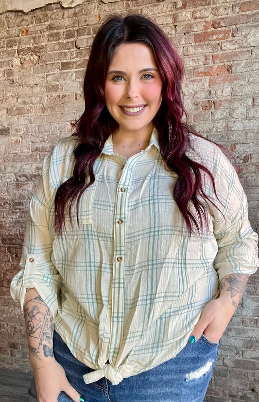 Curvy Light Plaid Button Up Shirt ~ Blue