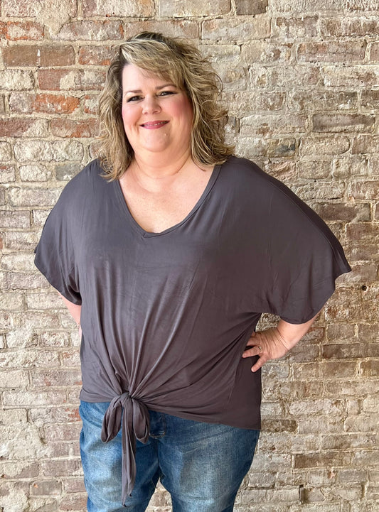 Curvy and Sassy Tie Front Flowing Comfy Knit ~ Gray