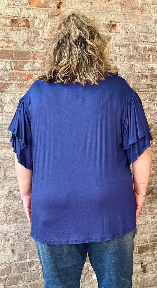 Curvy Crew Flared  Ruffled Sleeved Top ~ Ink Blue