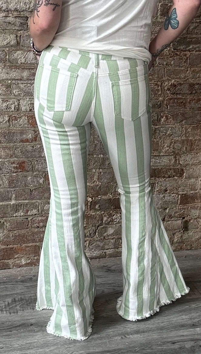 Striped Bell Bottom Jeans ~ Olive