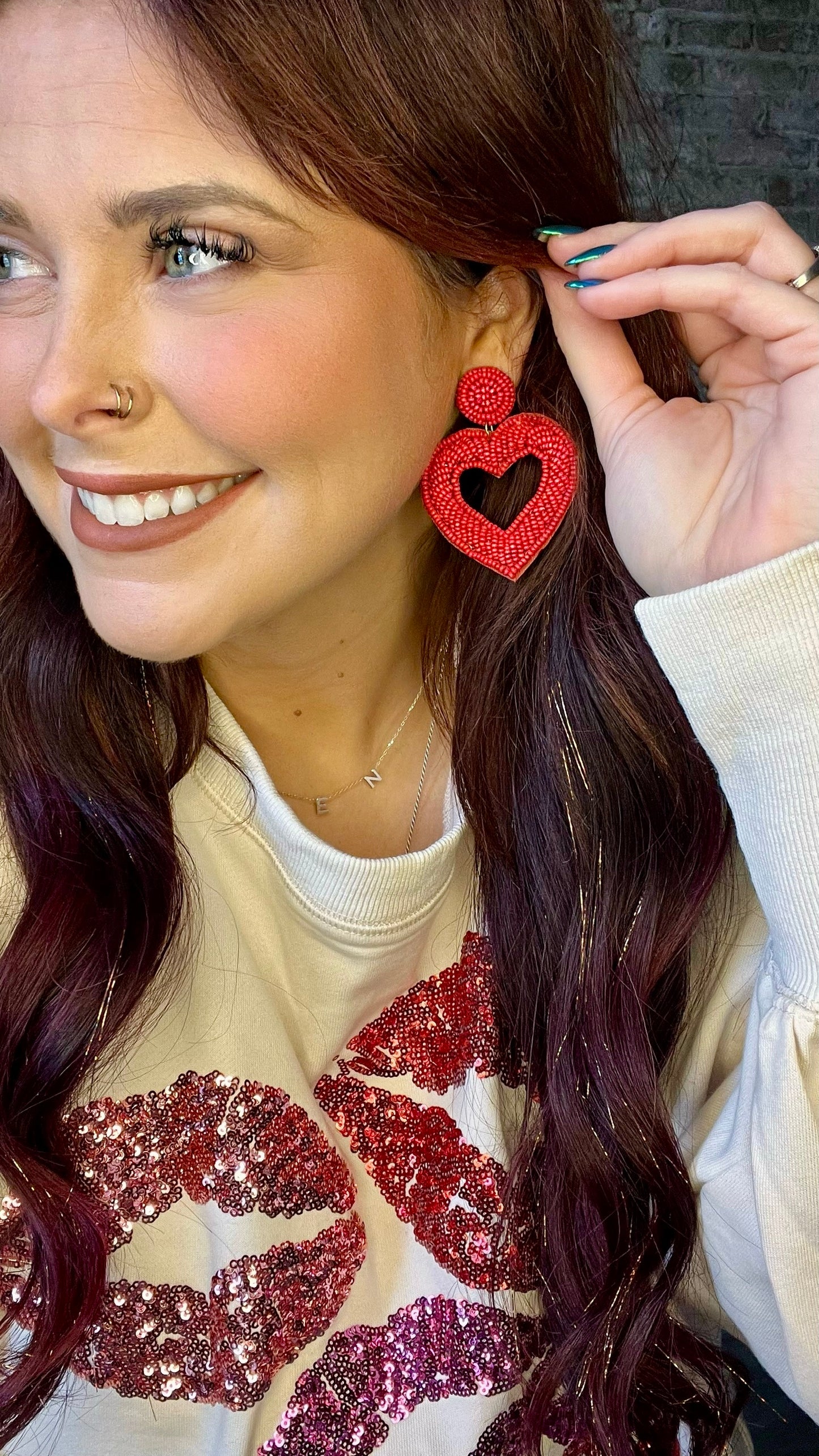 Beaded Open Heart Drop Earring ~ Red