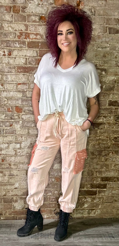 Jogger Style Denims with Side Crocheted Lace Pockets ~ Coral