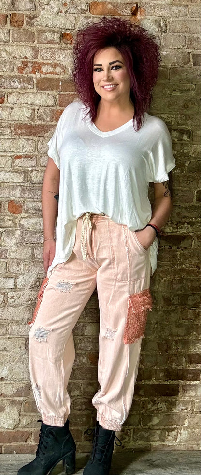 Jogger Style Denims with Side Crocheted Lace Pockets ~ Coral