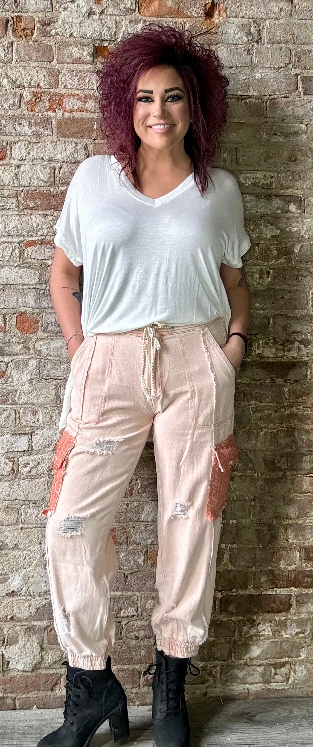 Jogger Style Denims with Side Crocheted Lace Pockets ~ Coral