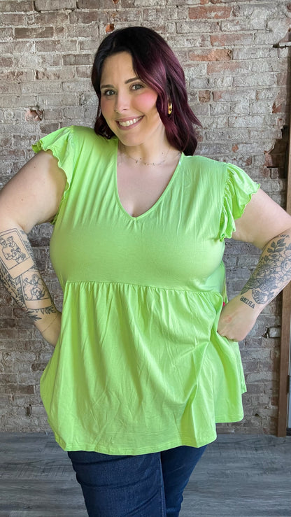 Curvy Lime Green V Neck Short Sleeve Top