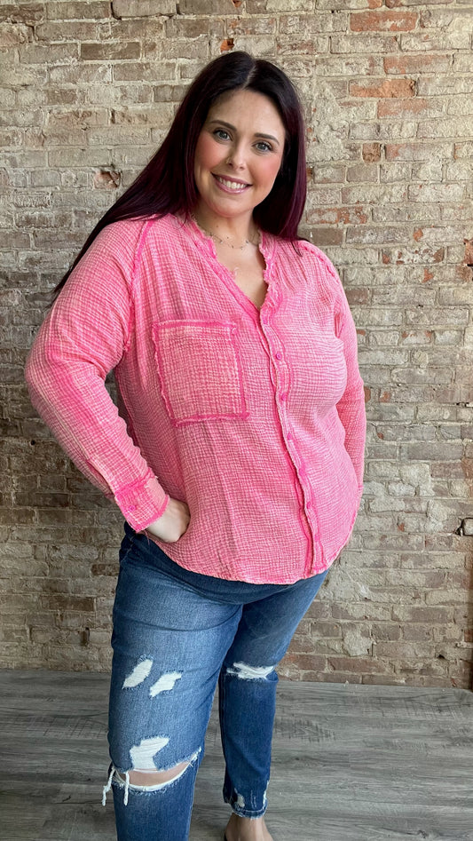 Curvy Gauze Long Sleeved Button Up with Stand Up Collar~ Hot Pink