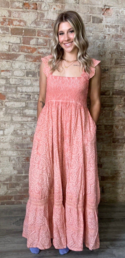 Washed Eyelet Jumpsuit ~ Coral