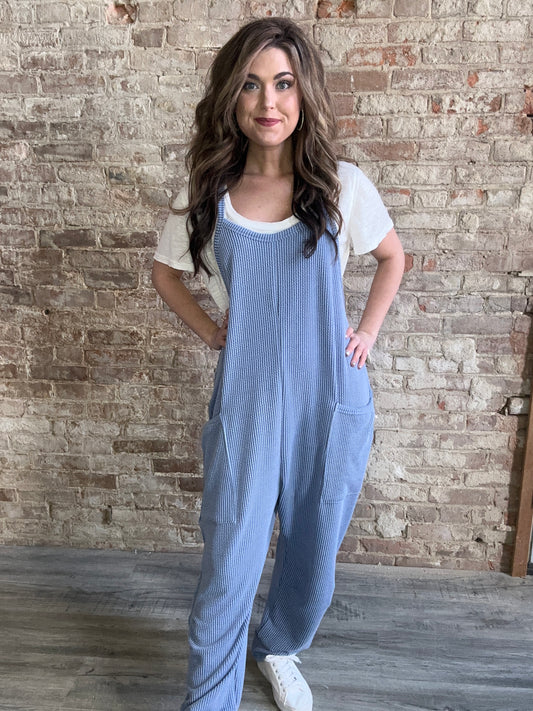 Wave Ribbed Jumpsuit with Pockets ~ Blue