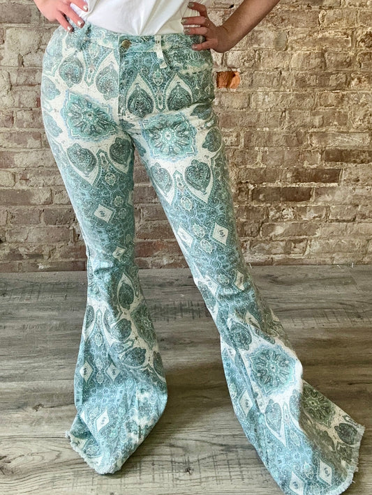 Medallion Printed Distressed Flares ~ Aqua