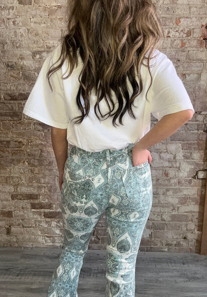 Medallion Printed Distressed Flares ~ Aqua