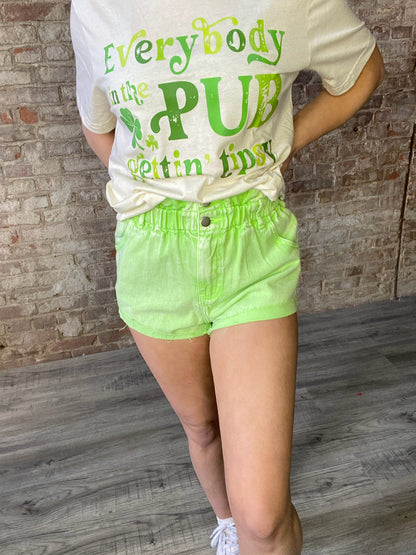 Paper Bag Waist Colored Denim Shorts~ Lime