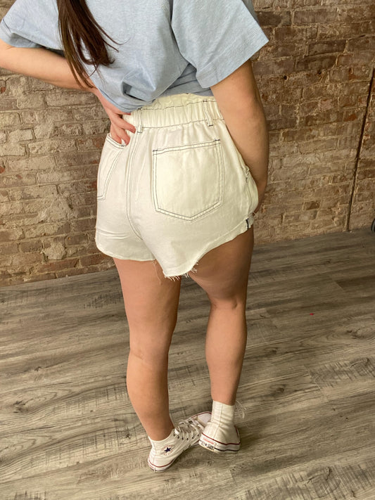 Paper Bag Waist Colored Denim Shorts~ Off White