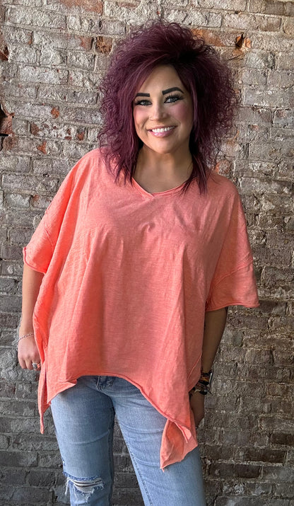 Mineral Washed V Neck Raw Hem Tee ~ Peachy Pink
