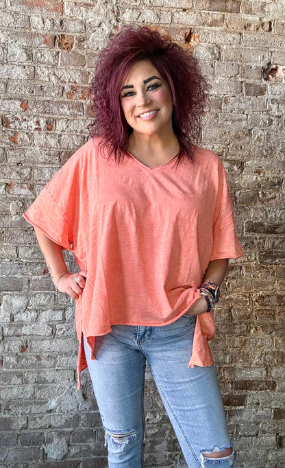 Mineral Washed V Neck Raw Hem Tee ~ Peachy Pink