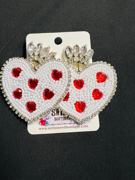 Red & White Heart Rhinestone & Bead Statement Earrings