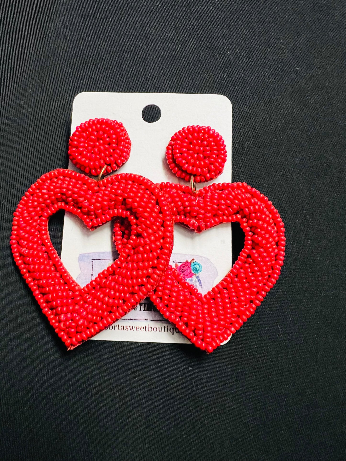 Beaded Open Heart Drop Earring ~ Red