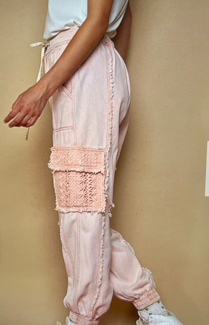 Jogger Style Denims with Side Crocheted Lace Pockets ~ Coral