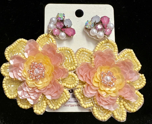 Jeweled Floral Bead Mix Drop Earrings: Yellow