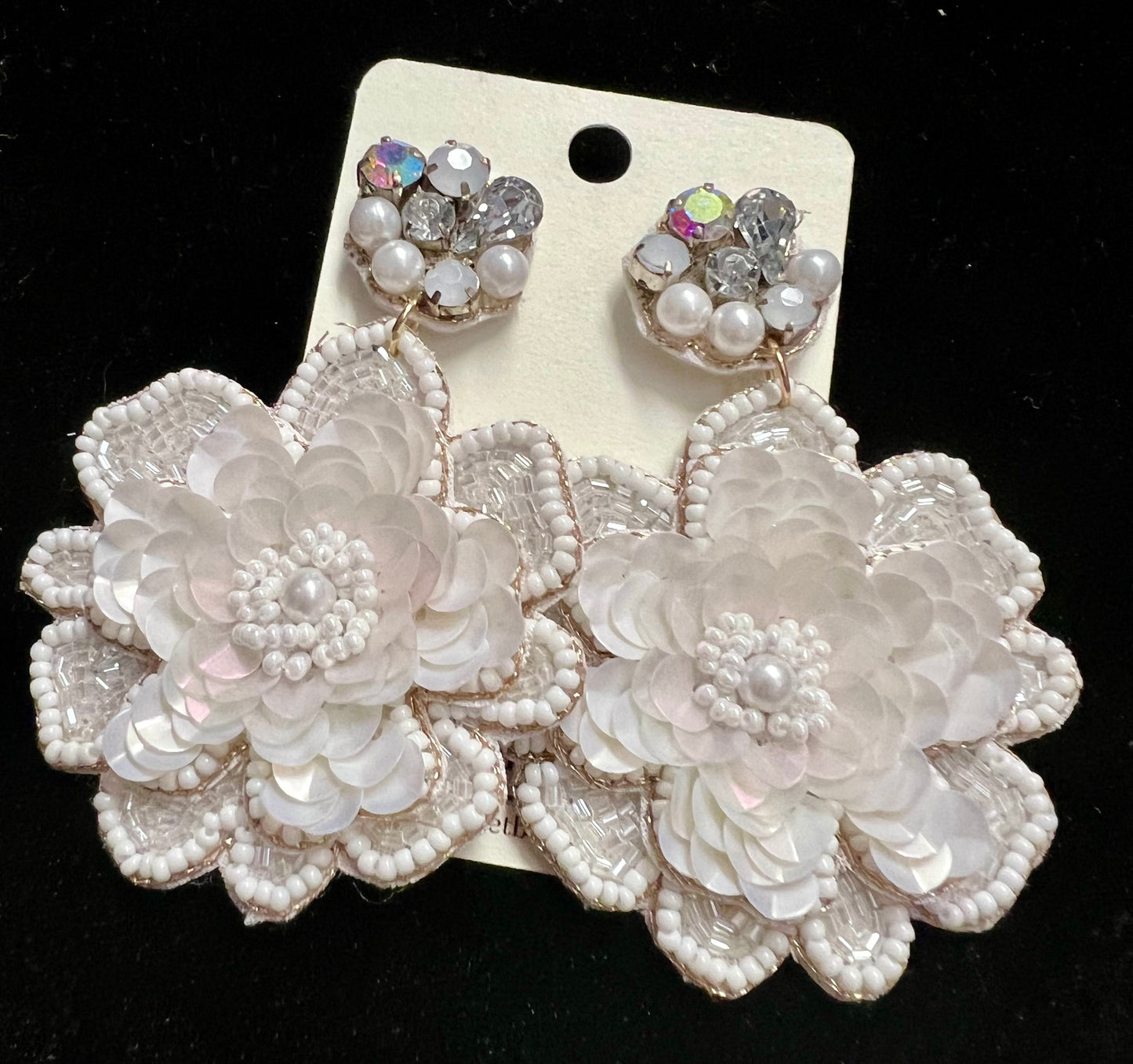 Jeweled Floral Bead Mix Drop Earrings: White