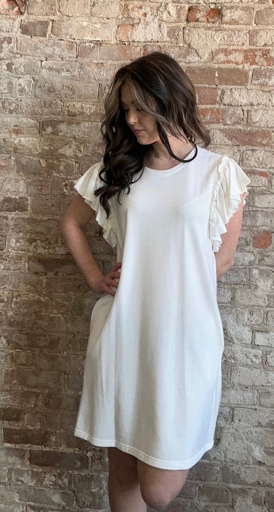 French Terry Dress with Ruffled Shoulder with Pockets