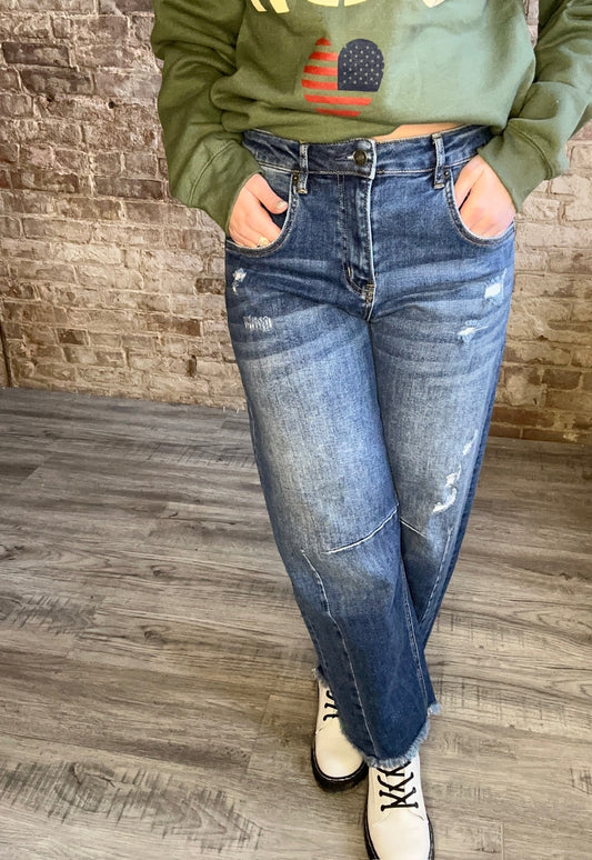 Mica High Rise Distressed Ankle Barrel Jeans