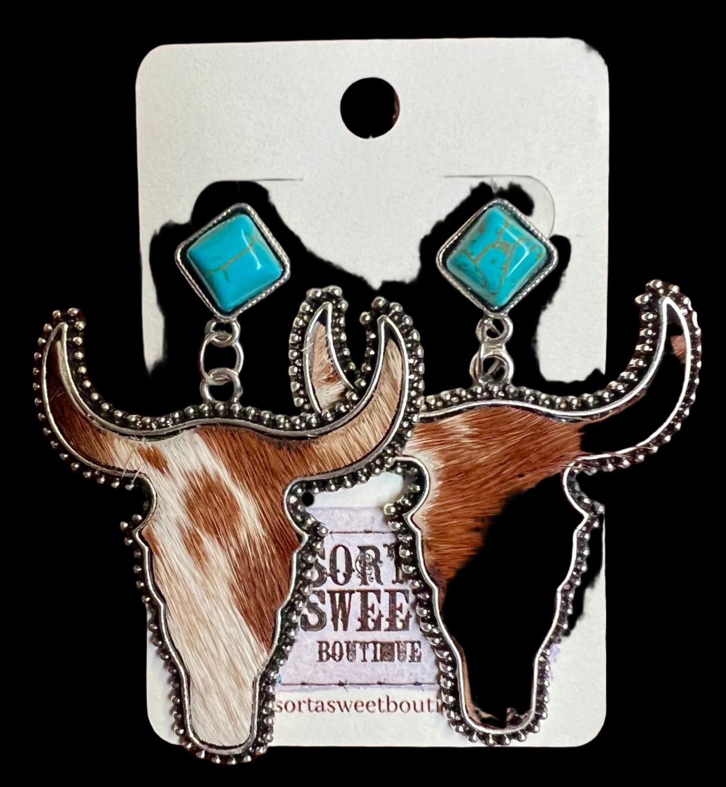 Western Style Cowhide Cowhead Shape Stud Earrings ~ Brown