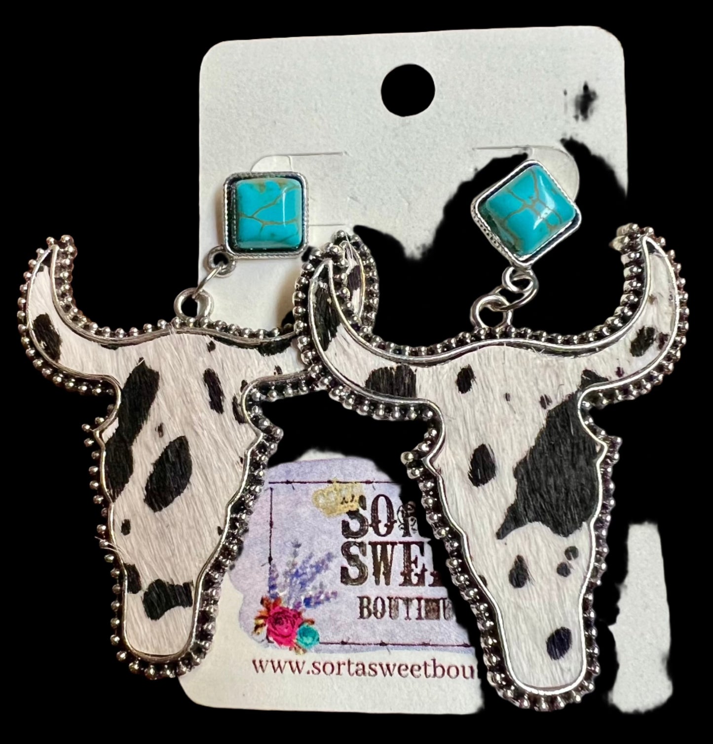 Western Style Cowhide Cowhead Shape Stud Earrings ~ Black and White