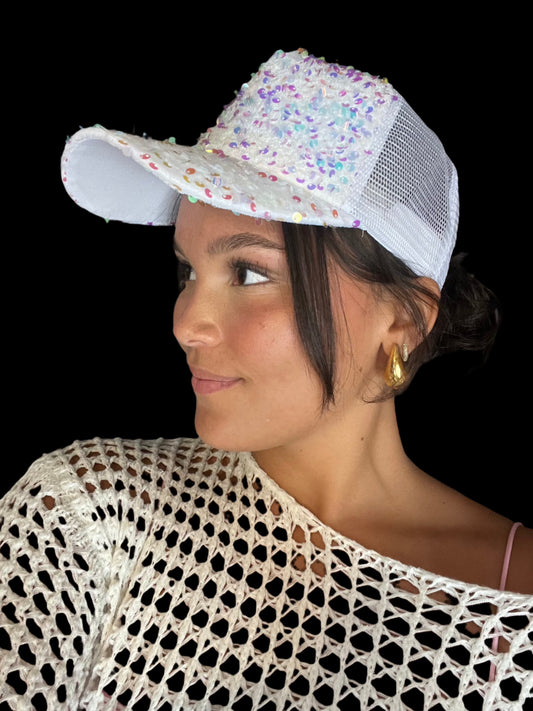 Sequined Trucker Hat ~ White