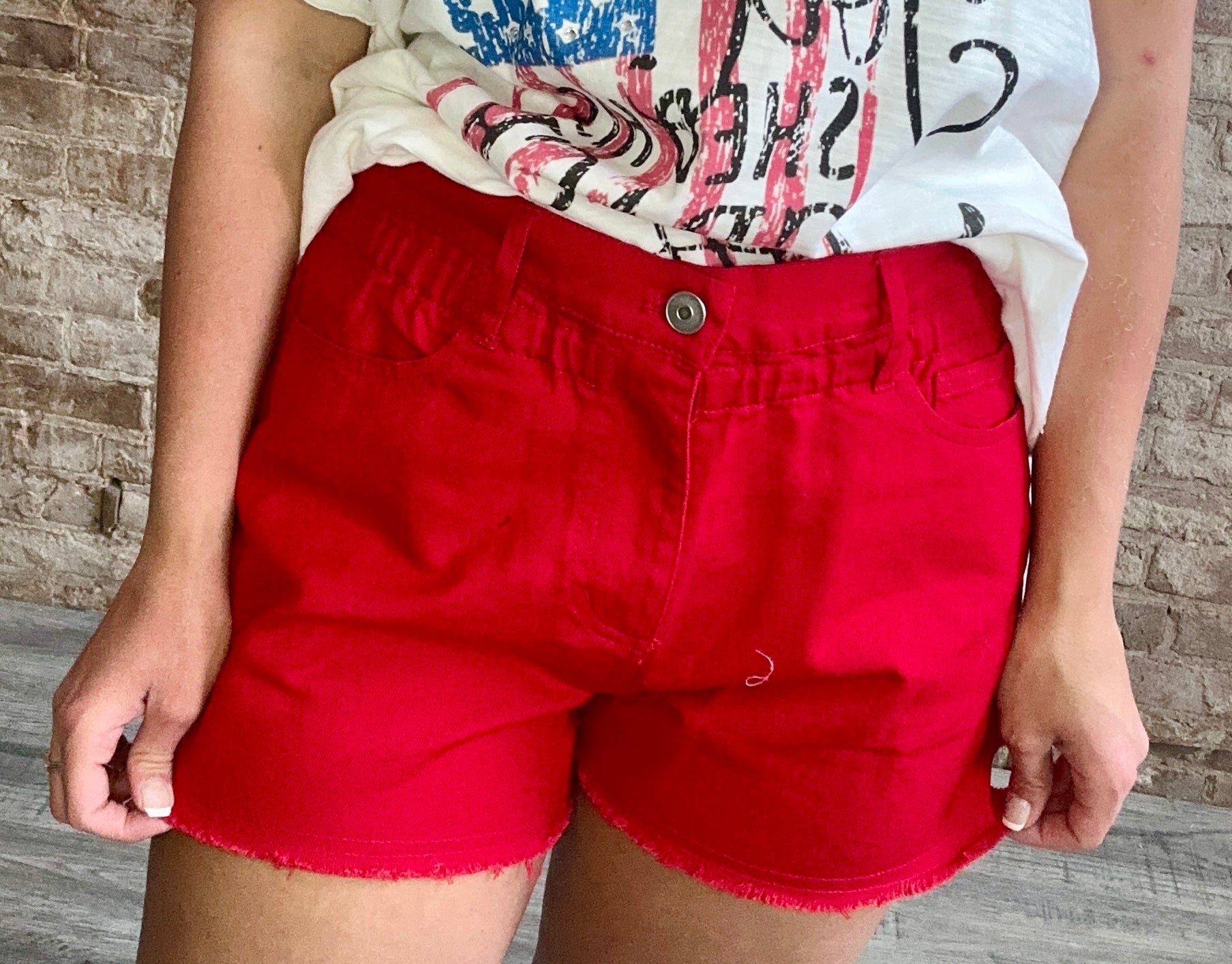 Red high waisted denim shorts online