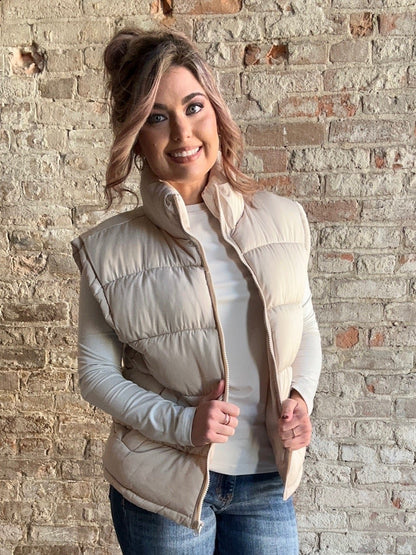 High Neck Casual Comfy Puffer Vest ~ Cream