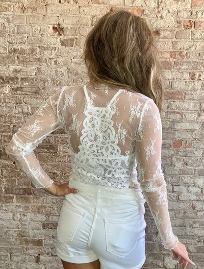 Long Sleeved Sheer Lace Mesh Lace Layering Top ~ White