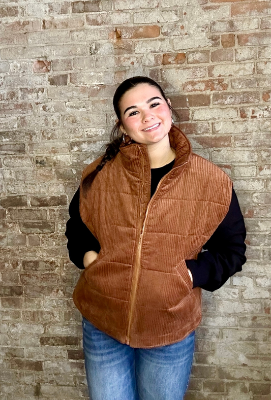Corduroy Quilted Puffer Vest ~ Camel