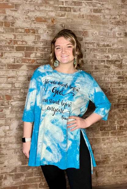 "She Who Kneels Before God Can Stand Before Anyone" Distressed Tattered Shirt