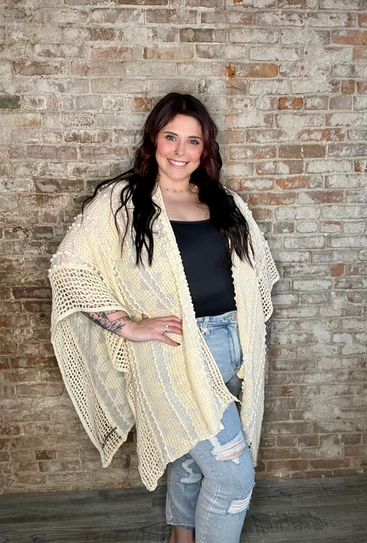 PomPom Crochet Kimono ~ Beige