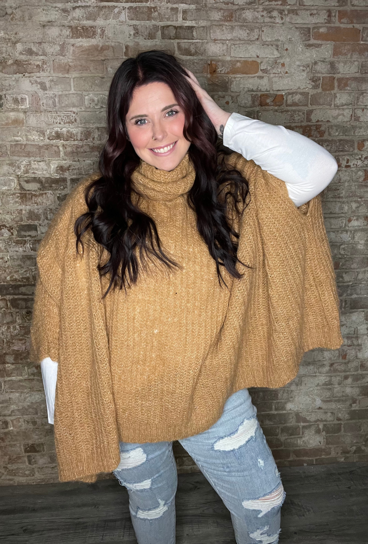 Funnel Neck Knit Poncho ~ Tan