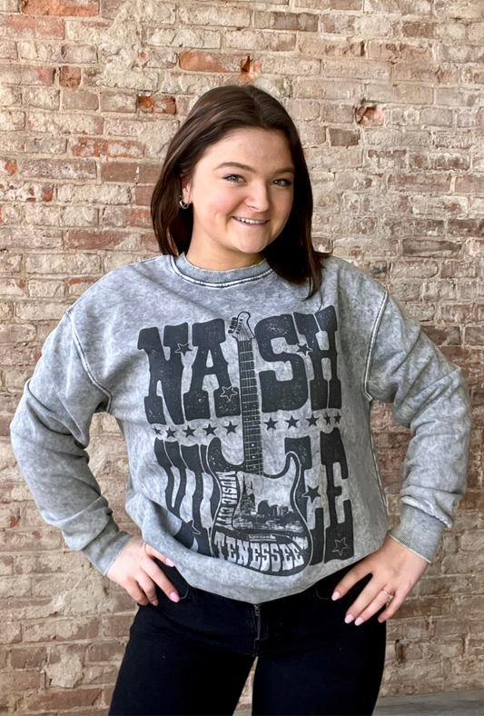 Nashville Guitar Mineral Washed  Sweatshirt ~ Gray